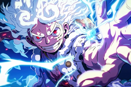 红眼睛 白头发 微笑 海贼王 猴子 路飞 草帽 动漫 男孩 正面视图 装备 4K壁纸 3840x2160