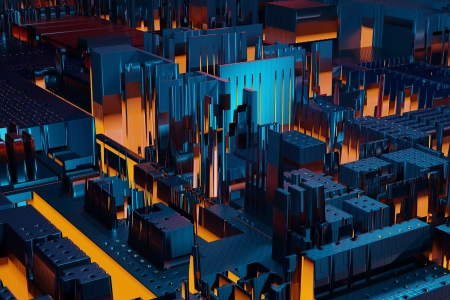 AI艺术 插图 城市 主板 建筑 模型 橙色 蓝色 世界 技术 灯光 4K壁纸 3840x2160