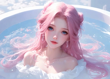 粉发 沐浴 少女 女孩 美女 4K贴纸  3840x2160