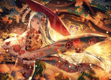 长发 动漫 女孩 数码艺术 肖像 和服 小提琴 初音 雨伞 服装 银发 4K壁纸  4500x2800