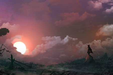 孤独 英雄 幻想 自然 太阳 云 草 AI艺术 4K壁纸 6600x3600