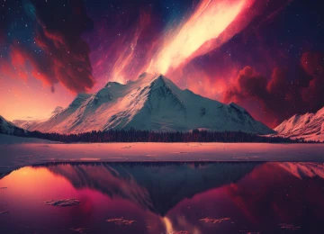 艺术 插图 风景 山 湖 冬天 雪 水 星星 星空 天空 云 4K壁纸  4579x2616