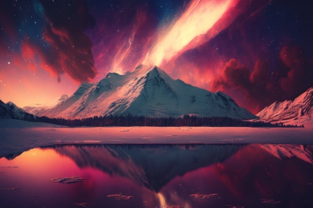 艺术 插图 风景 山 湖 冬天 雪 水 星星 星空 天空 云 4K壁纸 4579x2616