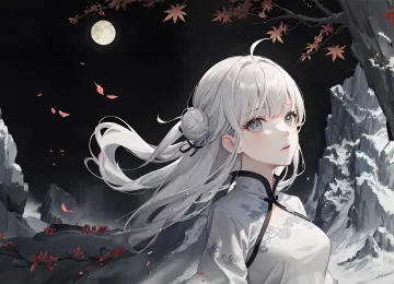 白色服装 夜晚 枫叶 动漫女孩 月亮 中国服装 树叶 雪  电脑壁纸 4K壁纸  3840x2160