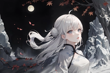 白色服装 夜晚 枫叶 动漫女孩 月亮 中国服装 树叶 雪  电脑壁纸 4K壁纸 3840x2160