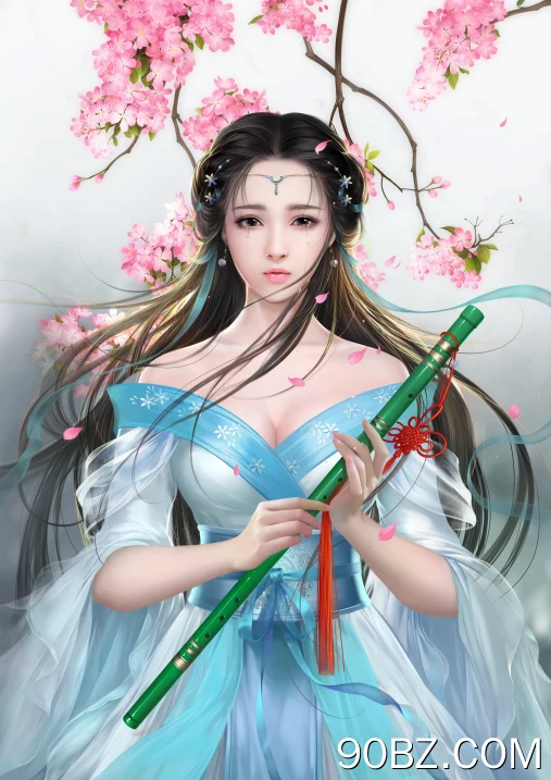 梦幻 女孩 深色 头发 眼泪 长笛 粉色花 连衣裙  绘画  手机壁纸 4K壁纸