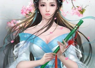 梦幻 女孩 深色 头发 眼泪 长笛 粉色花 连衣裙  绘画  手机壁纸 4K壁纸  3976x5622