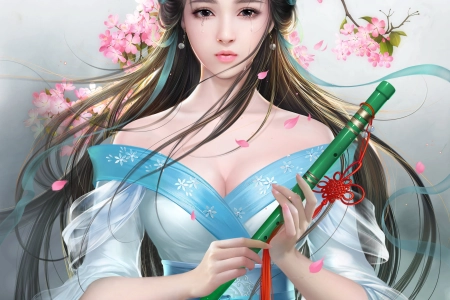 梦幻 女孩 深色 头发 眼泪 长笛 粉色花 连衣裙  绘画  手机壁纸 4K壁纸 3976x5622