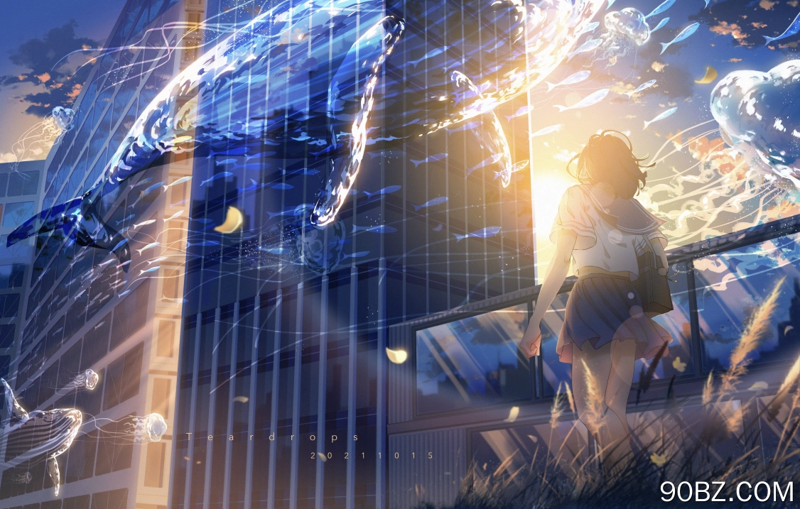 女学生 散步 动漫 动漫女孩 校服 日落 夕阳辉光 鲸鱼 水 天空 云 裙子 动物 水母 鱼 包 花  电脑壁纸 4K壁纸