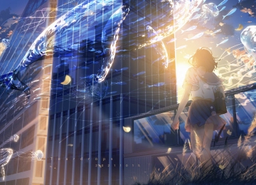 女学生 散步 动漫 动漫女孩 校服 日落 夕阳辉光 鲸鱼 水 天空 云 裙子 动物 水母 鱼 包 花  电脑壁纸 4K壁纸  4616x2940