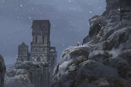 男人 数字 艺术 数字 绘画 风景 环境 下雪 岩石 建筑 城堡 冬天 4K壁纸 3840x2232