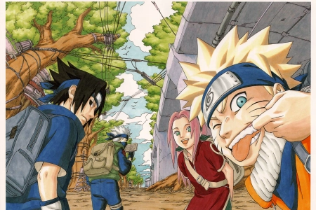 吐舌 金发 粉色头发 深色头发 绿色眼睛 火影忍者 春野樱子 内河佐助 卡卡西 插图 动漫男孩 动漫女孩 树 4K壁纸 5208x3700