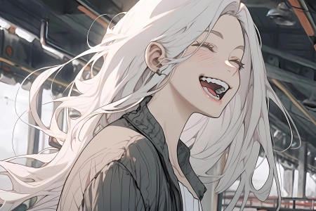 快乐 大笑 白发 牙齿 嘴巴 闭着眼睛 长发 人工智能艺术 动漫女孩  电脑壁纸 4K壁纸 5824x3264