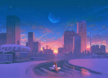 城市 日落 月亮 星星 艺术 绘画 雪 冬天  电脑壁纸 4K壁纸  4096x2303