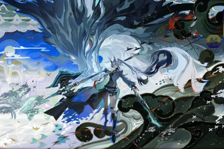 长发 飞奥 武器 动物 耳朵 龙 4K壁纸 4096x2304