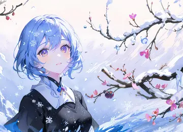 蓝色头发 梅花 动漫女孩 树枝 雪花 鲜花 花瓣 艺术 电脑壁纸 4K壁纸  4032x2268