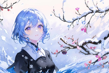 蓝色头发 梅花 动漫女孩 树枝 雪花 鲜花 花瓣 艺术 电脑壁纸 4K壁纸 4032x2268