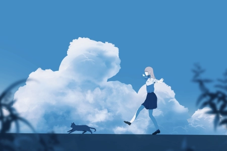 人物 动漫 动漫女孩 猫 蓝色 护眼 治愈 电脑壁纸 4K壁纸 4096x2304