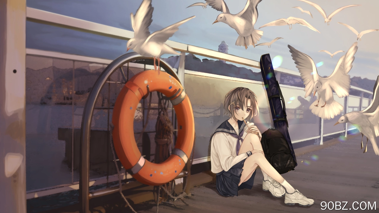动漫 女孩 海洋 海鸥 水手服 短发 4K壁纸