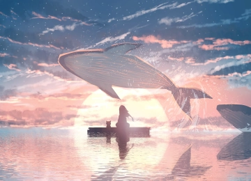 海 动漫女孩 夕阳 鲸鱼 水 云 动物 电脑壁纸 4K壁纸  4000x2526
