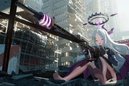 电子游戏 角色 白发 枪 女孩 长发 蔚蓝档案 动漫 魔 角 紫色眼睛 翅膀 号角 建筑 手套 4K壁纸 5760x2662