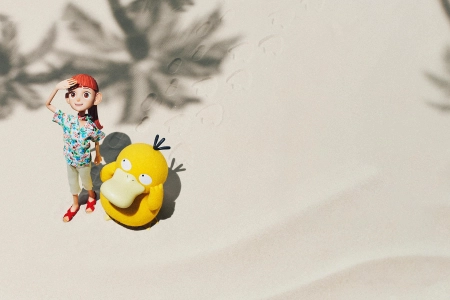 电子游戏 站立 数字艺术 阳光 海滩 沙子 阴影 棕榈树 数码宝贝 可达鸭 宠物小精灵 4K壁纸 3840x2160