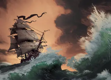 兰斯洛特·兰弗兰科尼 海盗船 波浪 船只 画笔 日落 风暴 插画 概念艺术 水  3840x2160