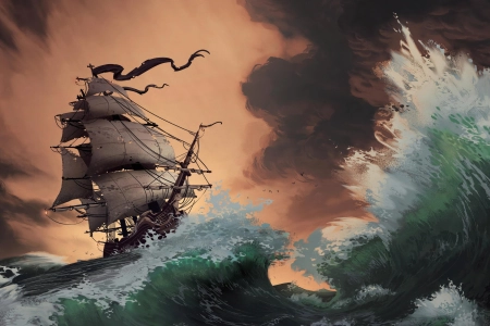 兰斯洛特·兰弗兰科尼 海盗船 波浪 船只 画笔 日落 风暴 插画 概念艺术 水 3840x2160