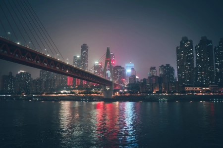 重庆 中国 天空 桥梁 河流 摩天大楼 夜晚 灯光 水波 电脑壁纸 4K壁纸 6000x4000