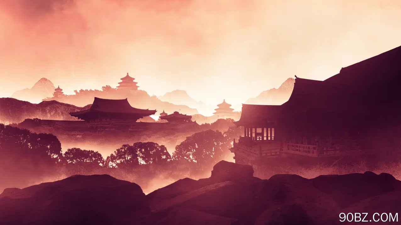 AI艺术 插图 建筑 风景 自然 树木 黄昏 薄雾 天空 山脉 岩石 户外 国风 4K壁纸