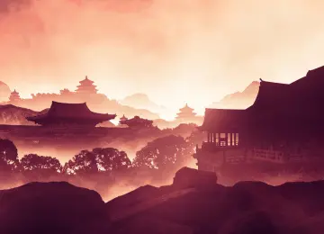 AI艺术 插图 建筑 风景 自然 树木 黄昏 薄雾 天空 山脉 岩石 户外 国风 4K壁纸  3840x2160