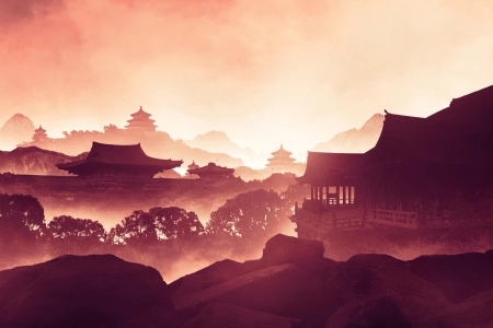 AI艺术 插图 建筑 风景 自然 树木 黄昏 薄雾 天空 山脉 岩石 户外 国风 4K壁纸 3840x2160