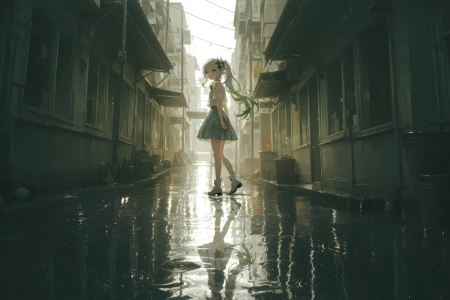 原神 纳西妲 雨后 街道 女孩 倒影 水面 积水 双马尾 小巷 4K壁纸 3840x2160