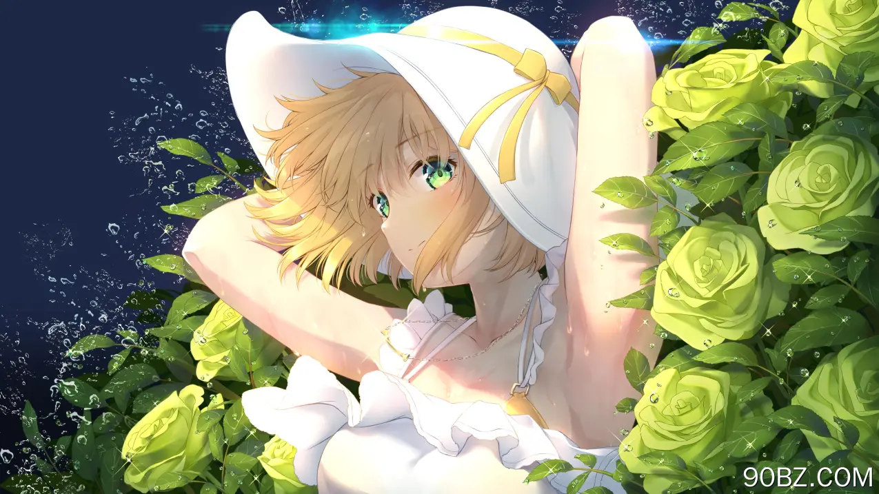 金发 绿眼睛 动漫 动漫女孩 AI艺术 肖像 帽子 太阳裙 鲜花 玫瑰  电脑壁纸 4K壁纸