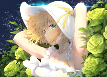 金发 绿眼睛 动漫 动漫女孩 AI艺术 肖像 帽子 太阳裙 鲜花 玫瑰  电脑壁纸 4K壁纸  3840x2160