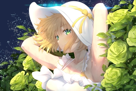 金发 绿眼睛 动漫 动漫女孩 AI艺术 肖像 帽子 太阳裙 鲜花 玫瑰  电脑壁纸 4K壁纸 3840x2160