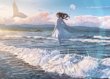 放逐 黑发 动漫 动漫女孩 海滩 连衣裙  电脑壁纸 4K壁纸  4000x2250