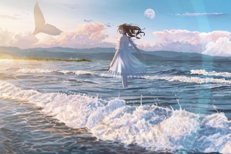 放逐 黑发 动漫 动漫女孩 海滩 连衣裙  电脑壁纸 4K壁纸 4000x2250