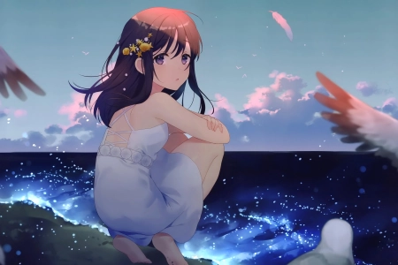 动漫 女孩 海滩 大海 太阳裙 4K壁纸 4223x2883