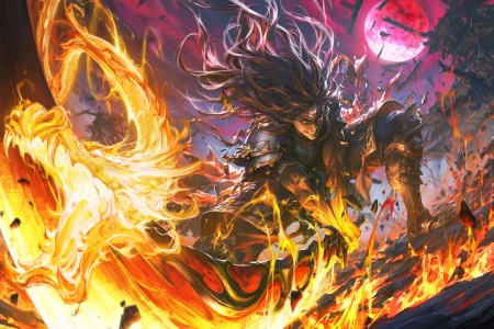 幻想 男人 微笑 长发 武器 红月亮 满月 剑 火 月亮 盔甲 岩石 数字艺术 中国龙 4K壁纸 5780x2828