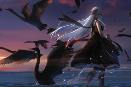 奇幻女孩 长发 红眼睛 动漫 女孩 鸟 动物 4K壁纸 3994x2246