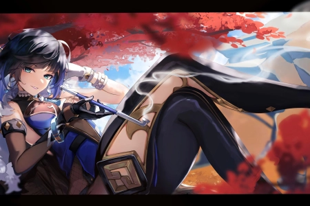 双腿 短发 蓝头发 蓝眼睛 微笑 原神 动漫 女孩 烟 花瓣 耳环 云 4K壁纸 4096x2374