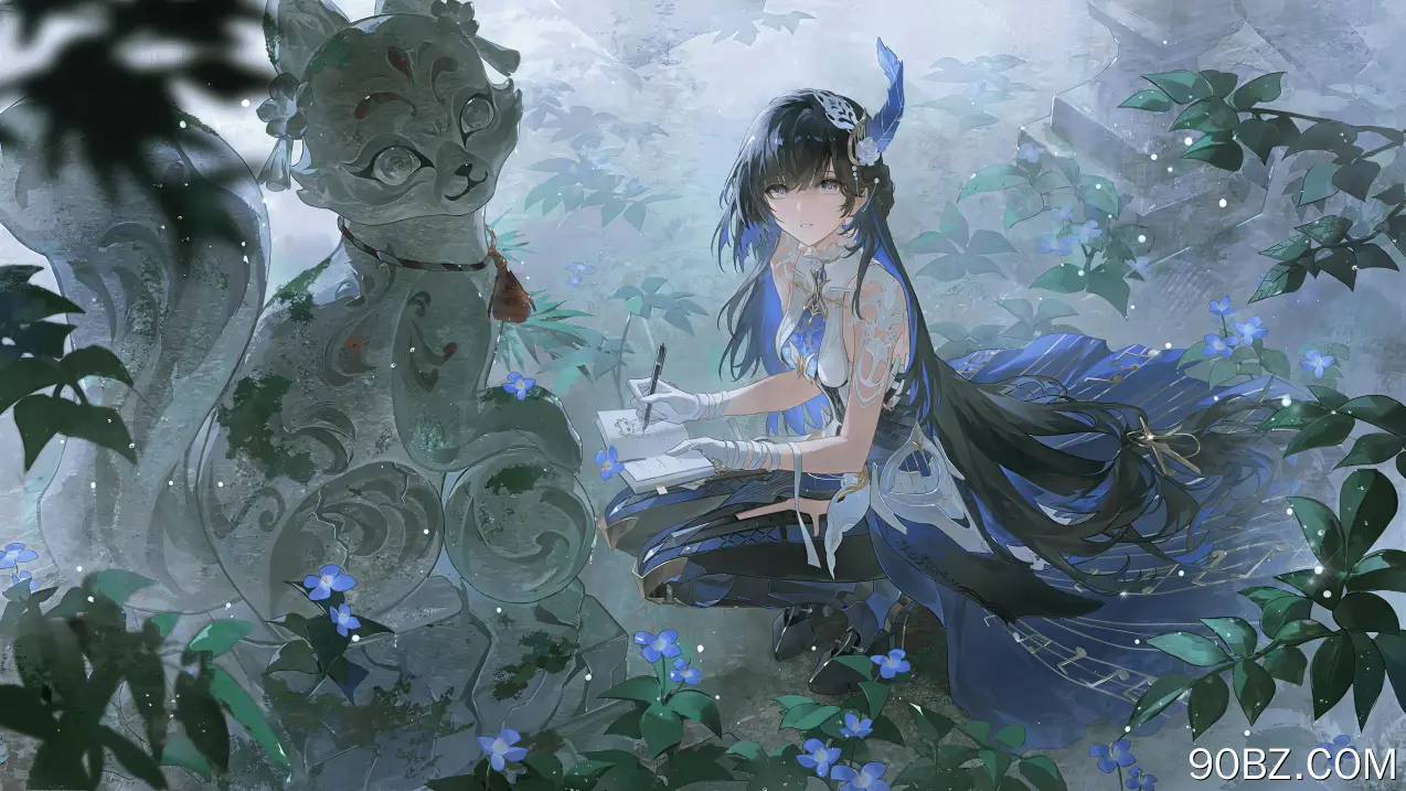 江 Selena 灰鸦惩戒 黑发 蓝花 蓝眼 发饰 蹲姿 齐刘海 羽毛 彩色头发 张嘴 画册 雕像 草