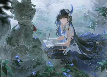 江 Selena 灰鸦惩戒 黑发 蓝花 蓝眼 发饰 蹲姿 齐刘海 羽毛 彩色头发 张嘴 画册 雕像 草  4912x2764