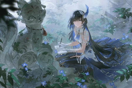 江 Selena 灰鸦惩戒 黑发 蓝花 蓝眼 发饰 蹲姿 齐刘海 羽毛 彩色头发 张嘴 画册 雕像 草 4912x2764