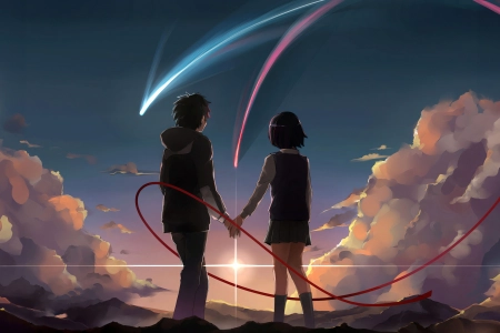 情侣 你的名字 户外 云 红丝带 流星 天空 夕阳 4K壁纸 3840x2160