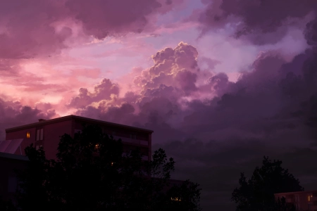 AI艺术 插图 云 暴风雨后 傍晚 剪影 树木 建筑 天空 4K壁纸 3840x2160