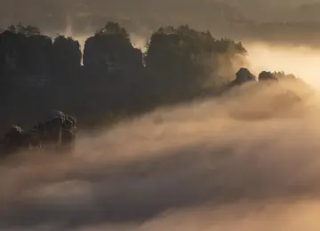 自然 景观 山脉 岩石 雾 树木 山景 日出 黄金时刻 4K壁纸  3840x2160