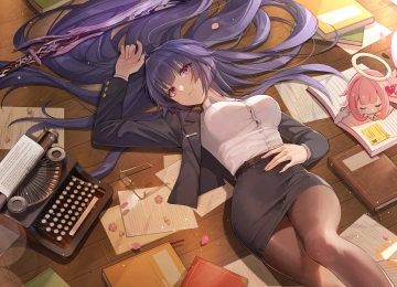 仰卧 躺着 紫色的头发 长发 动漫 动漫女孩 书籍 打字机 电脑壁纸 4K壁纸  3840x2160