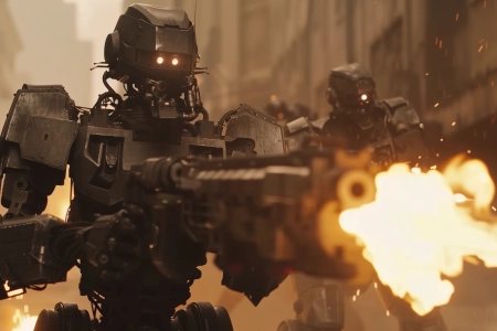 AI艺术 机器人 火 射击 枪 战争  电脑壁纸 4K壁纸 5824x3264